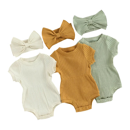 Ribbed Short Sleeve Romper & Headband Set