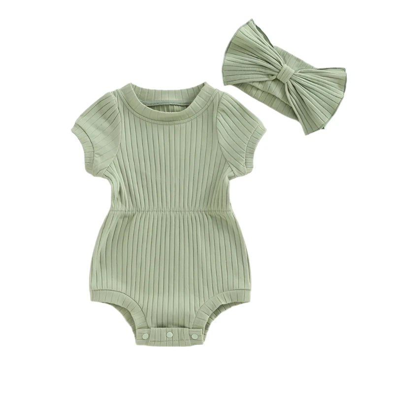 Ribbed Short Sleeve Romper & Headband Set