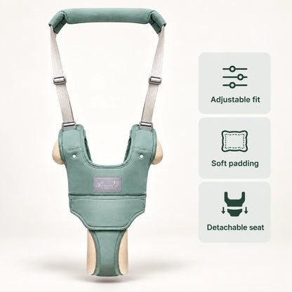 Rest and Nurture baby walking harness in green with adjustable fit, soft padding and detachable seat