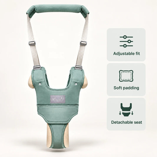 Rest and Nurture baby walking harness in green with adjustable fit, soft padding and detachable seat