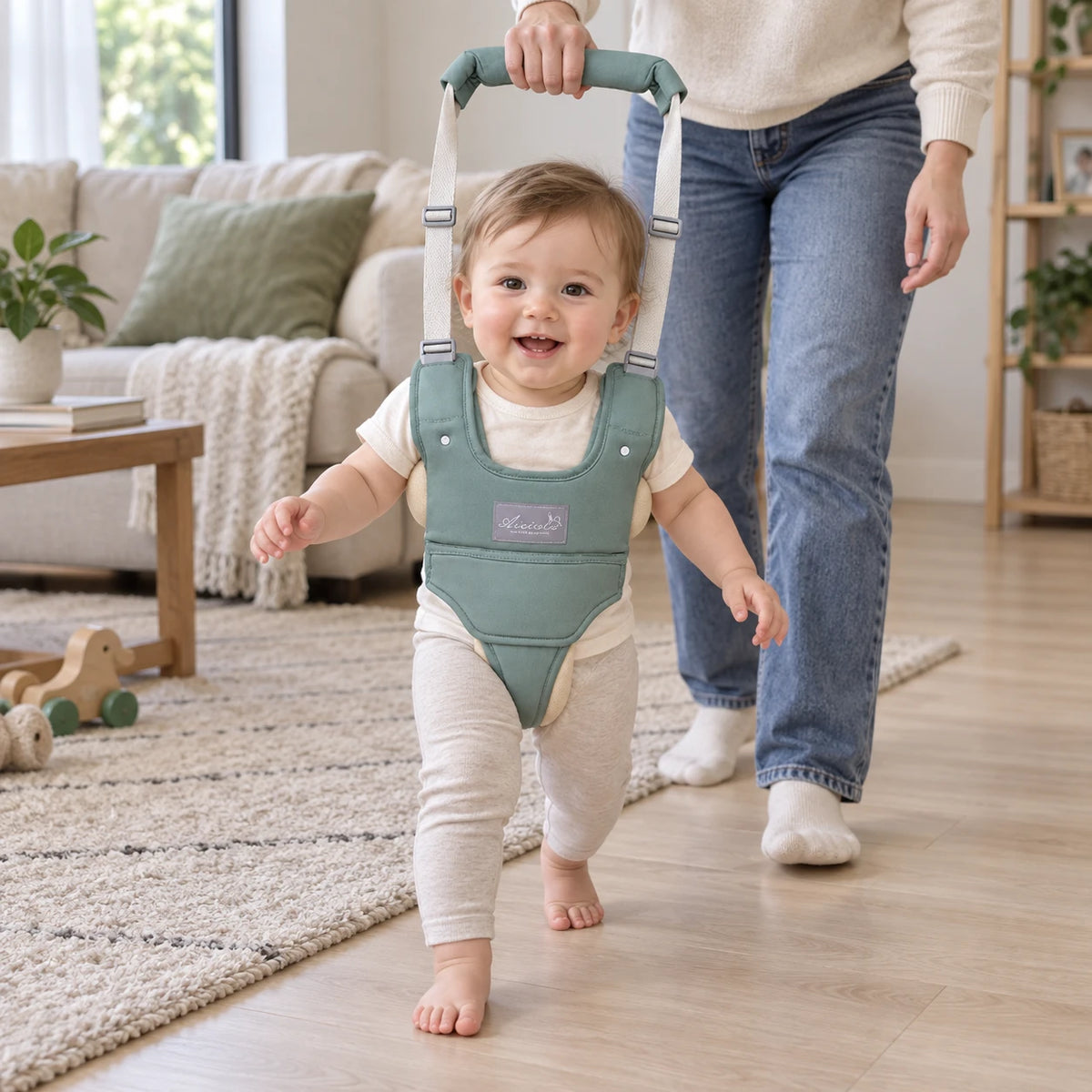 Smiling toddler practising walking in the living room with a parent holding the harness handle