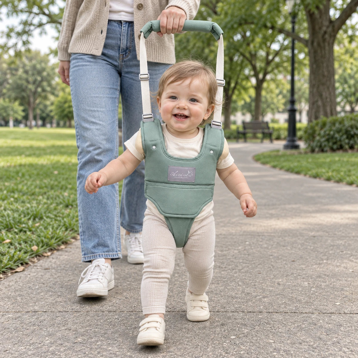 Toddler walking along a park path in the baby walking harness with a parent behind