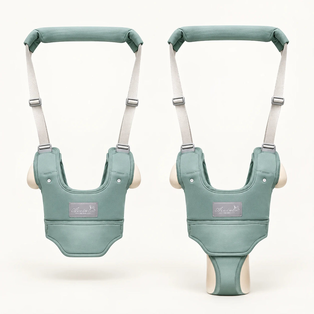 Baby walking harness shown with the seat detached and with the seat attached