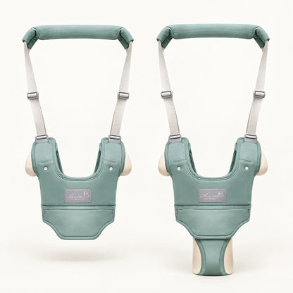Baby walking harness shown with the seat detached and with the seat attached